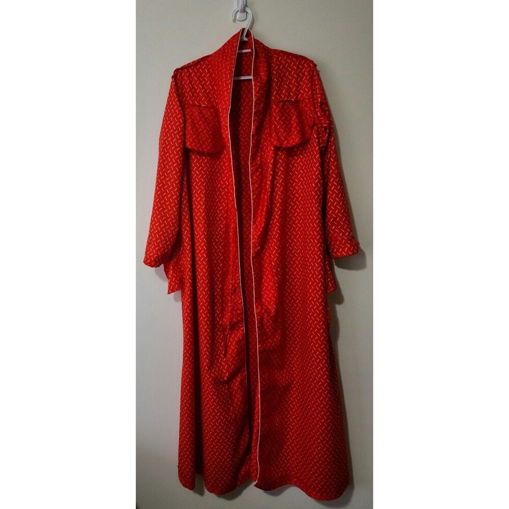 Vintage JCPenney Misses Long Robe Red White Cotton Satin Belted Women's L EUC - Picture 4 of 8